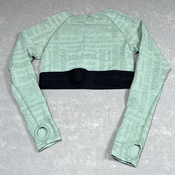Gymshark Vision Long Sleeve Crop Top Large Green Lightweight Seamless Thumbhole - Picture 8 of 11